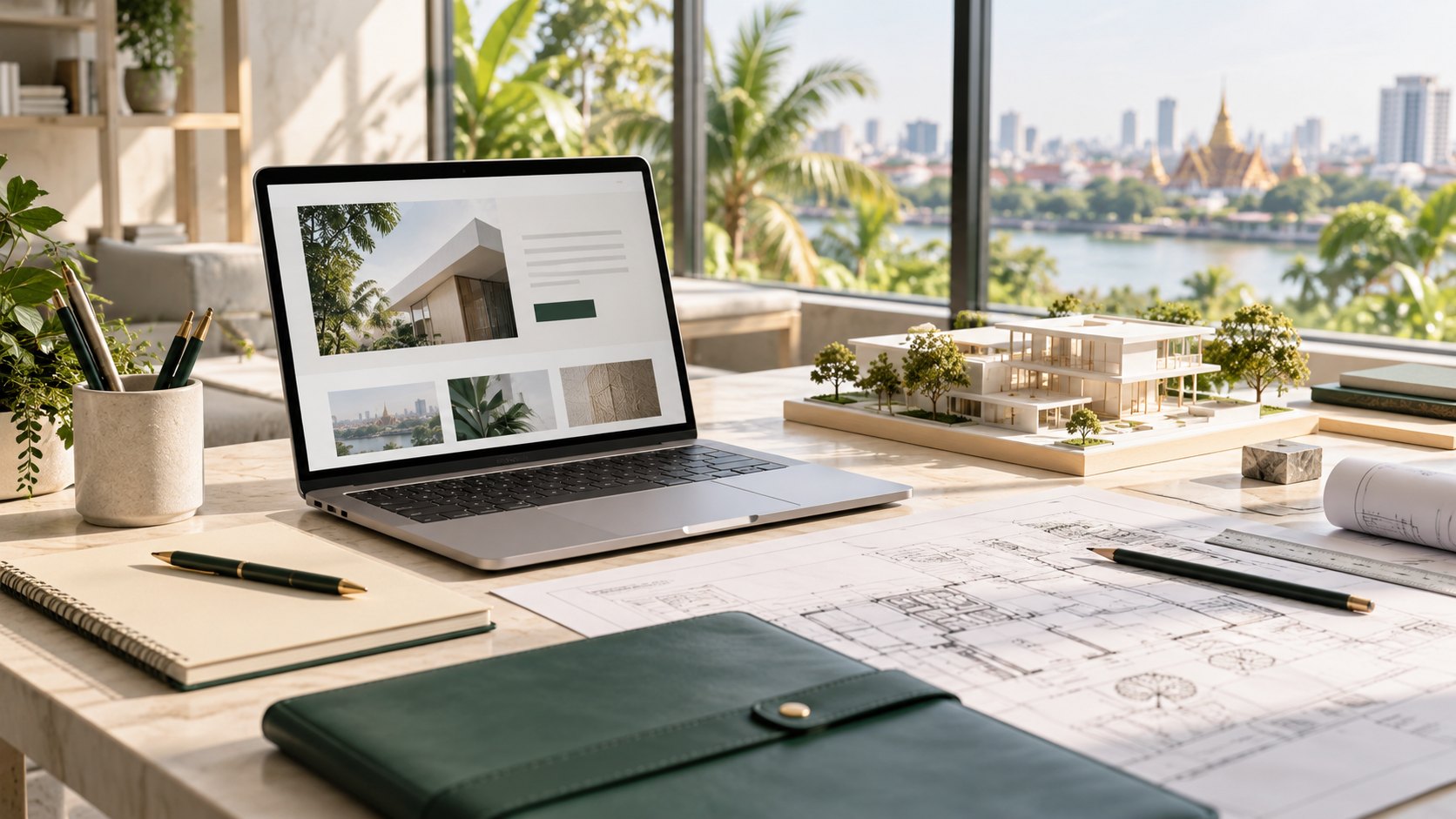 AI-generated illustration: Illustrative engineering workspace and architectural model